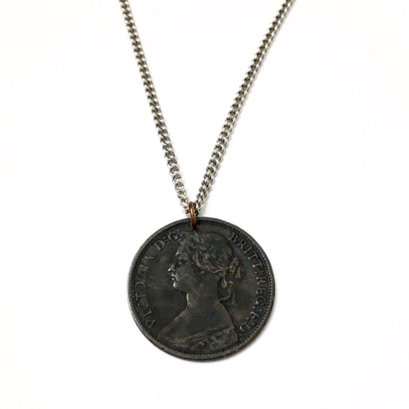 RARE 1862 Antique Coin Necklace — Victorian Era — Sterling Silver Chain - Picture 2 of 5